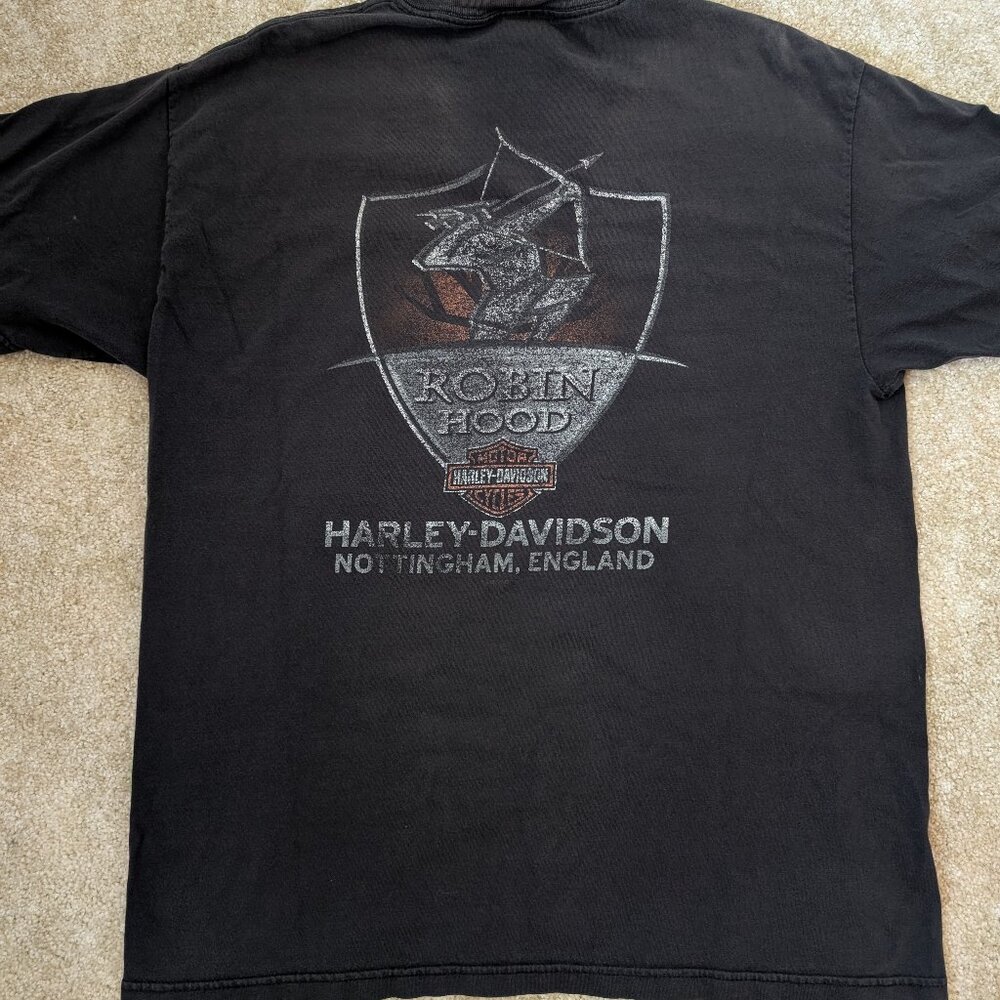 Vintage Distressed HARLEY DAVIDSON Brotherhood Robin Hood Motorcycle Shirt L